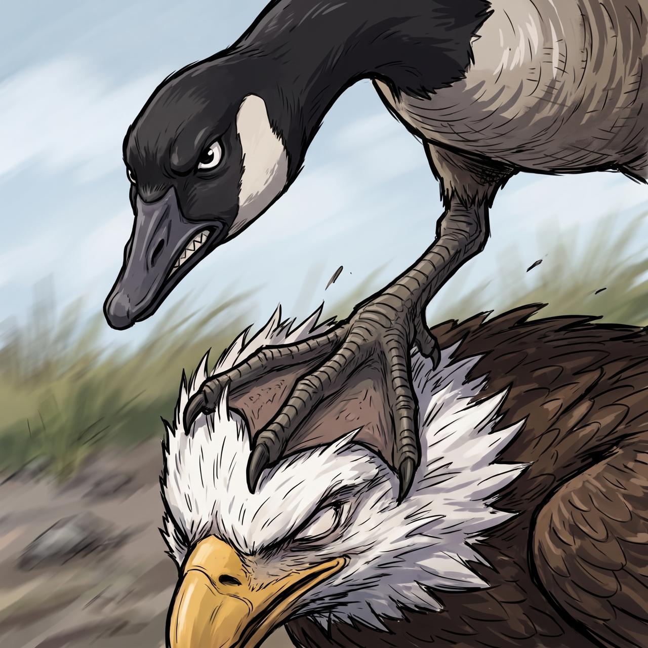 Canada goose overpowering an eagle