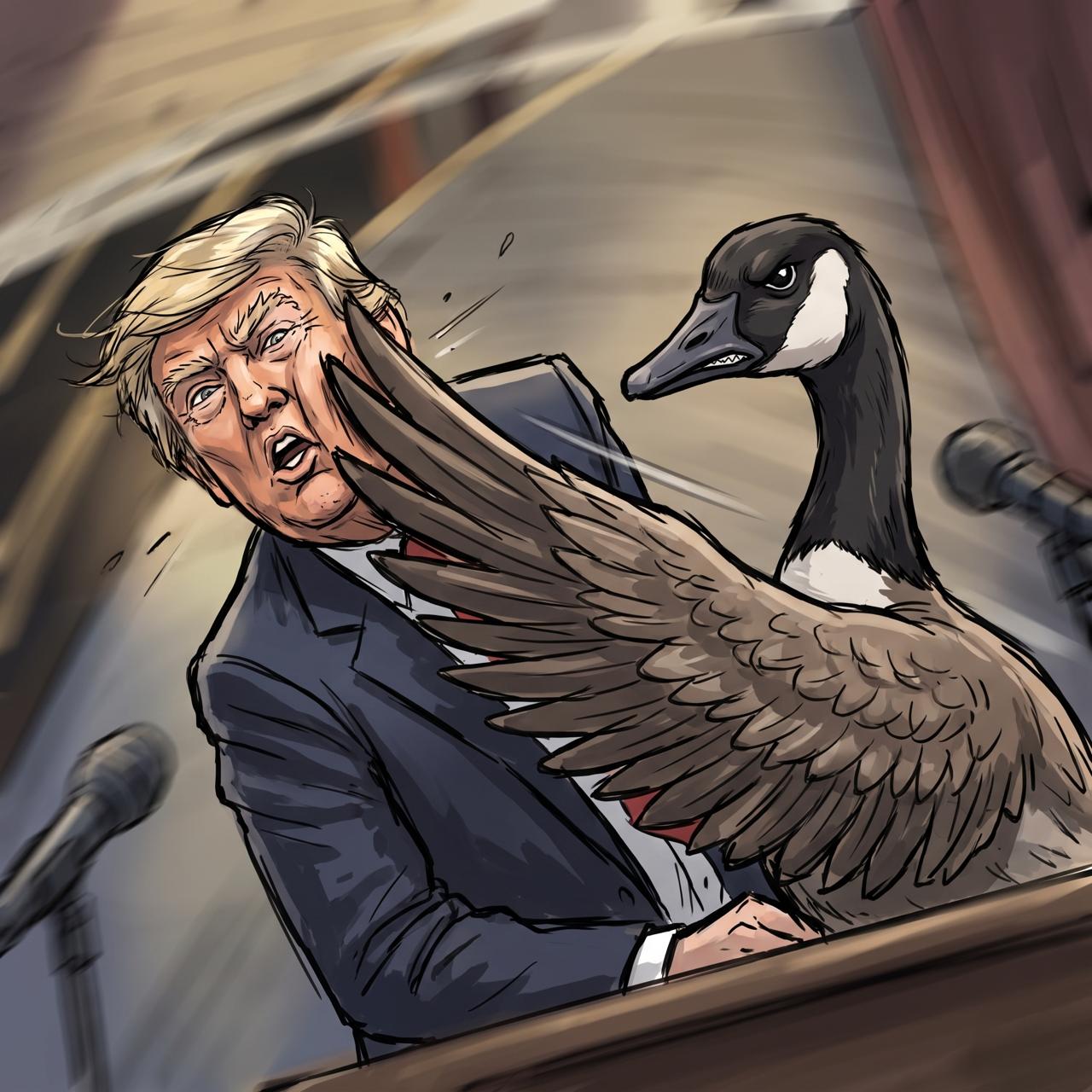 Goose disrupting a political podium