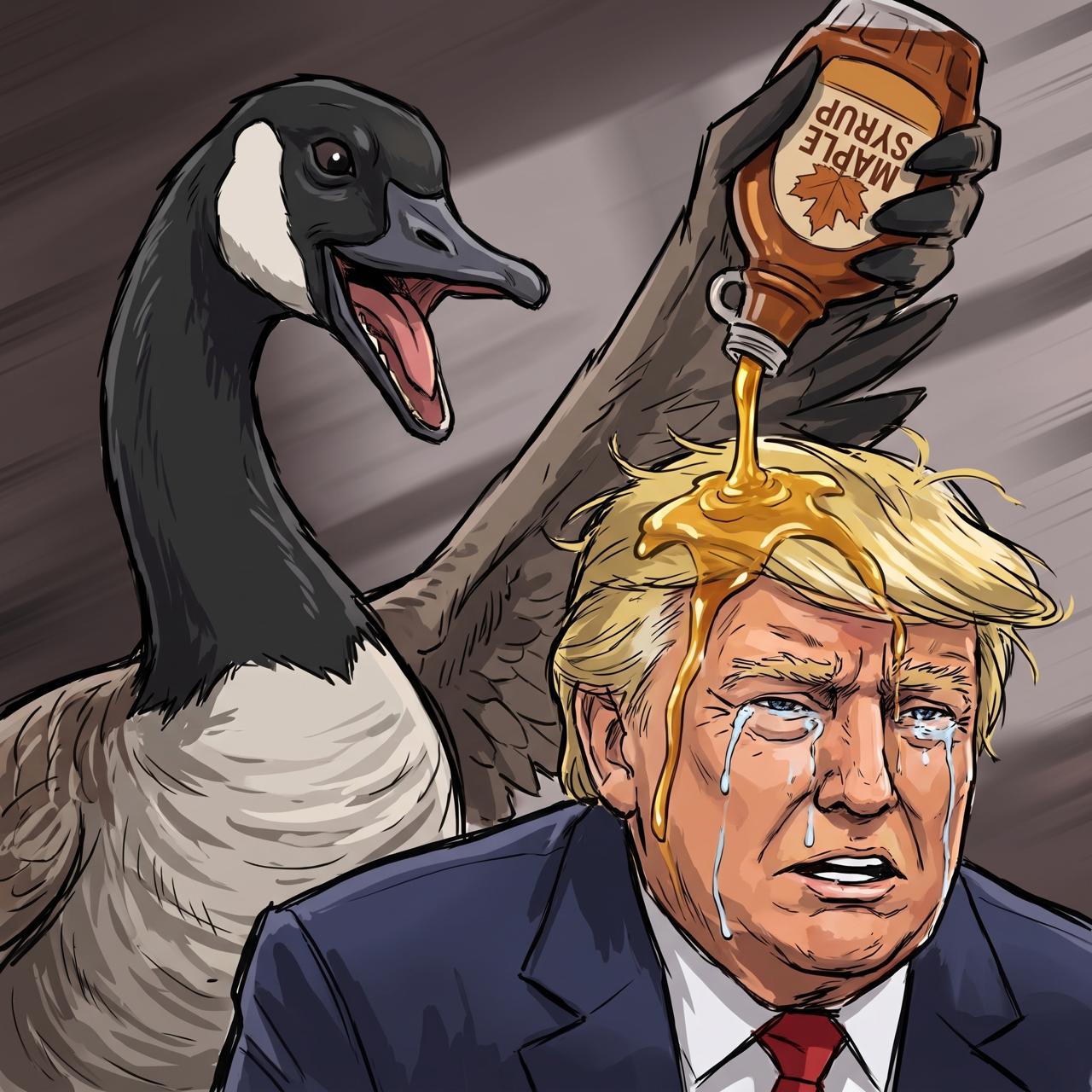 Goose pouring maple syrup in a political parody meme